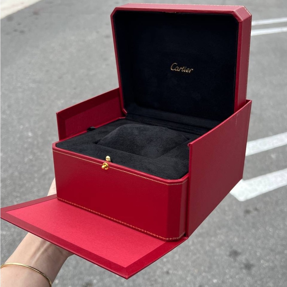 Cartier Red Jewelry Box with Black Suede Interior and Gold Trim